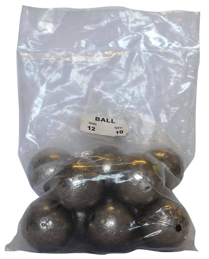 Ball Sinker Bulk Pack 12oz (10 per pack) in clear plastic bag with multiple sinkers visible, ideal for fishing.