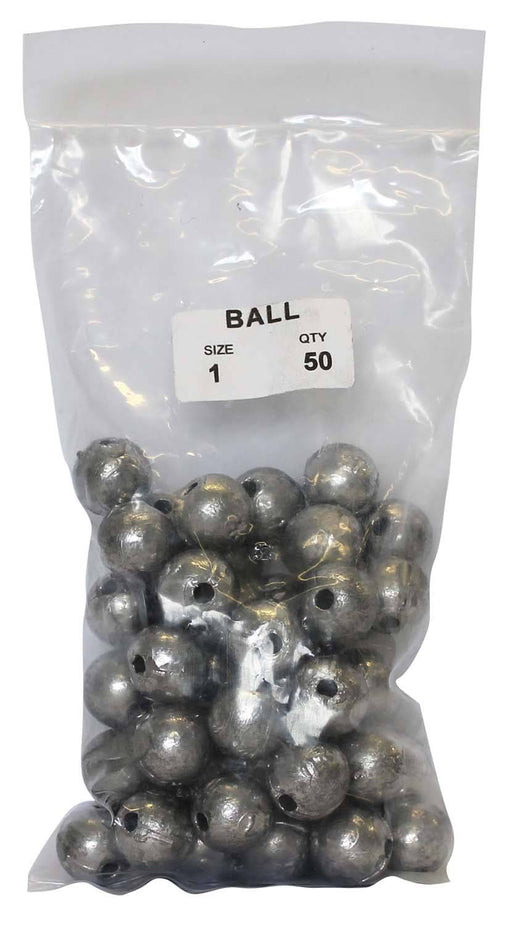 Ball Sinker Bulk Pack 1oz (50 per pack) in a clear plastic bag, perfect for fishing in fresh or saltwater.