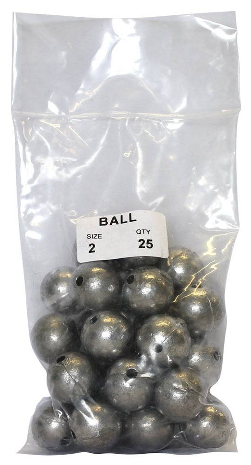 Ball Sinker Bulk Pack 2oz (25 per pack) consisting of round sinkers in a transparent bag for fishing.