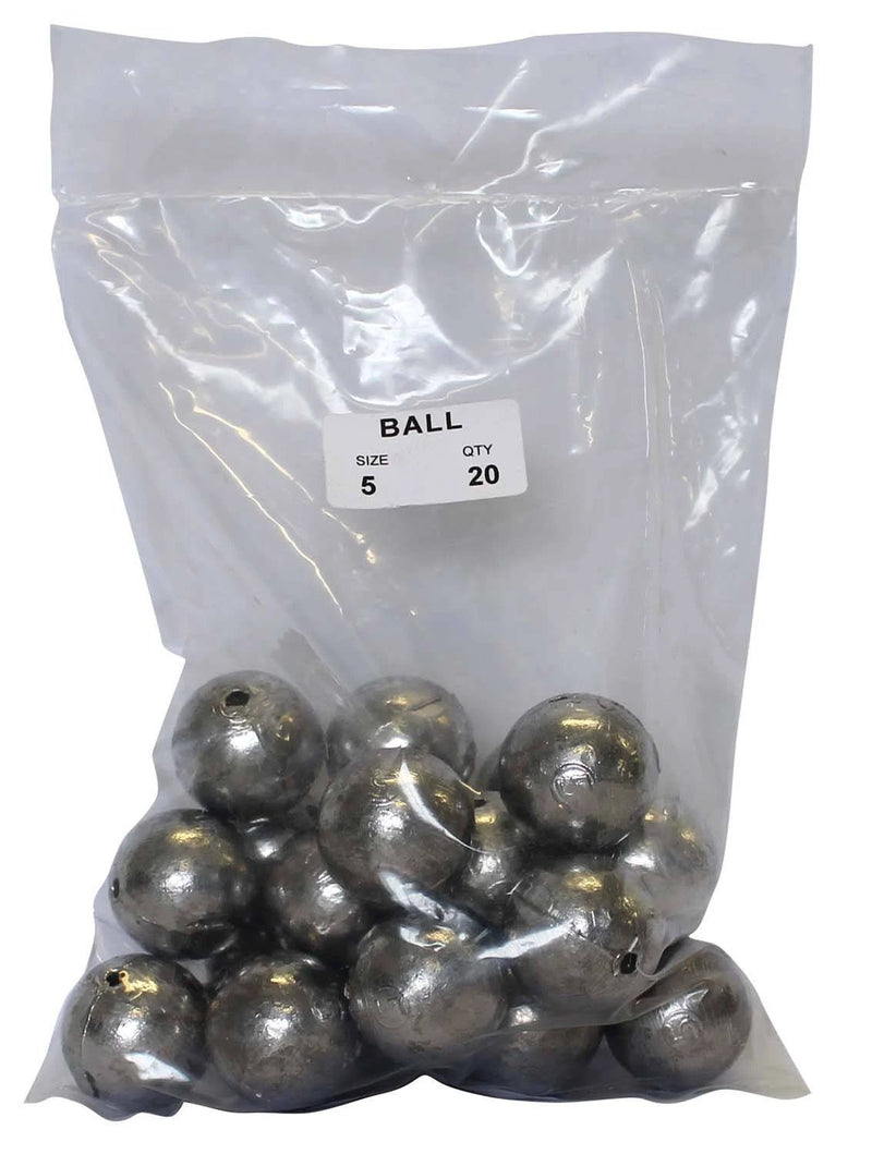 Ball Sinker Bulk Pack 5oz (20 per pack) in a clear bag, ideal for fishing in fresh or saltwater with moving bait.