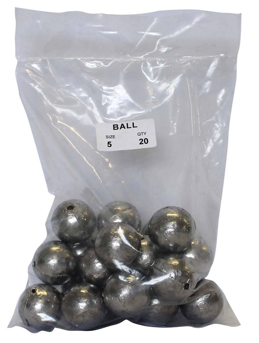 Ball Sinker Bulk Pack 5oz (20 per pack) in a clear bag, ideal for fishing in fresh or saltwater with moving bait.