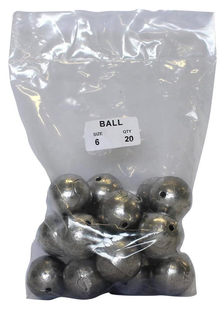 Ball Sinker Bulk Pack 6oz (20 per pack) in a clear plastic bag, ideal for freshwater or saltwater fishing.