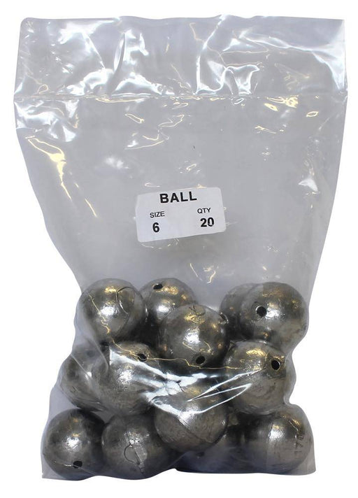 Ball Sinker Bulk Pack 6oz (20 per pack) in a clear plastic bag, ideal for freshwater or saltwater fishing.