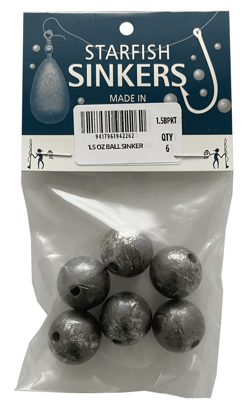 Starfish Ball Sinker Packet 1.5oz (6 per pack) featuring six ball sinkers in a clear packaging.