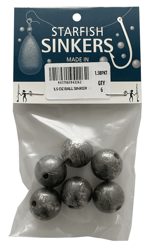 Starfish Ball Sinker Packet 1.5oz (6 per pack) featuring six ball sinkers in a clear packaging.