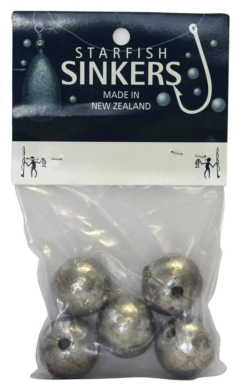 Starfish Ball Sinker Packet 2oz (5 per pack) inside clear packaging, ideal for fishing in fresh or saltwater.
