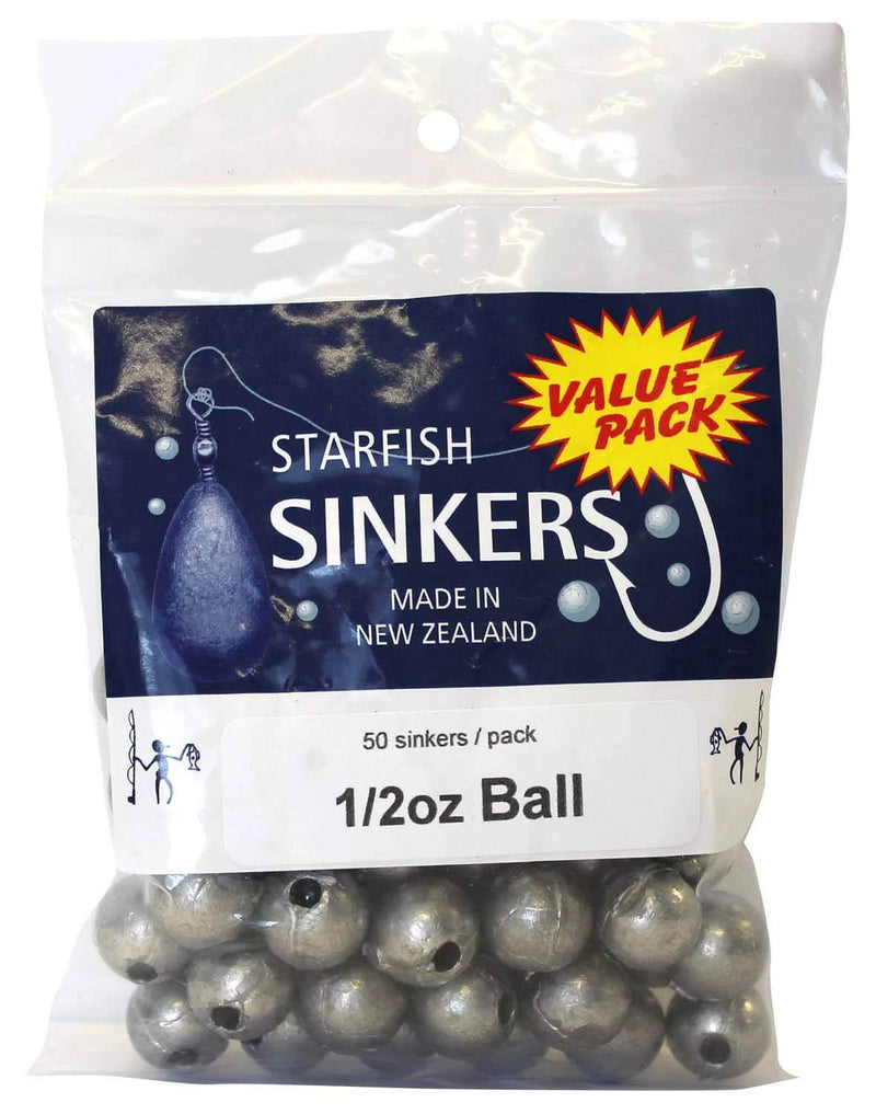 Starfish Ball Sinker Value Pack 1/2oz (50 per pack) packaging with ball sinkers for fishing.