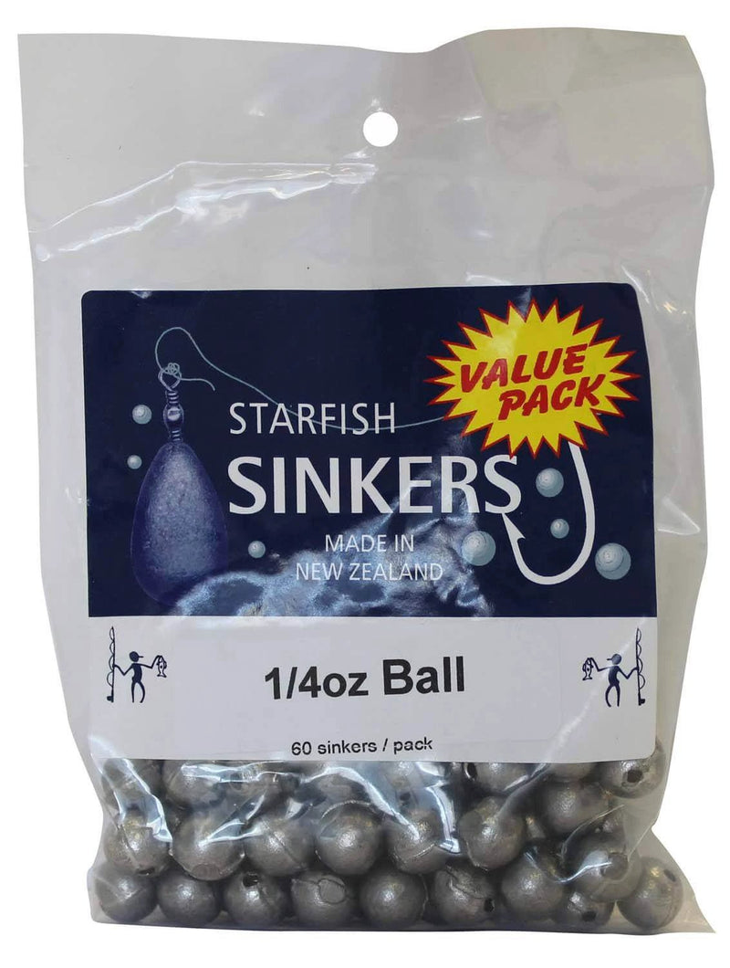 Starfish Ball Sinker Value Pack 1/4oz (60 per pack) packaged sinkers for fresh and saltwater fishing.