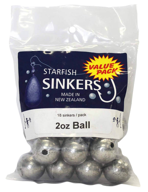 Starfish Ball Sinker Value Pack 2oz (18 per pack) in a clear bag, perfect for fishing in fresh or saltwater.