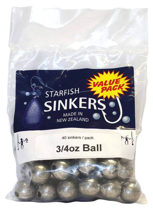 Starfish Ball Sinker Value Pack 3/4oz (40 per pack) in a clear bag, ideal for fresh and saltwater fishing.