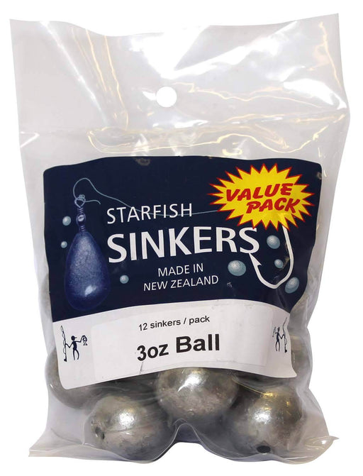 Starfish Ball Sinker Value Pack 3oz (12 per pack) for fresh or saltwater fishing with versatile sinker design.