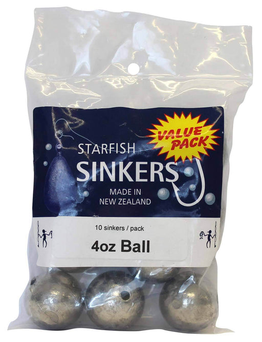 Starfish Ball Sinker Value Pack 4oz (10 per pack) in packaging showing 10 sinkers for fishing needs.
