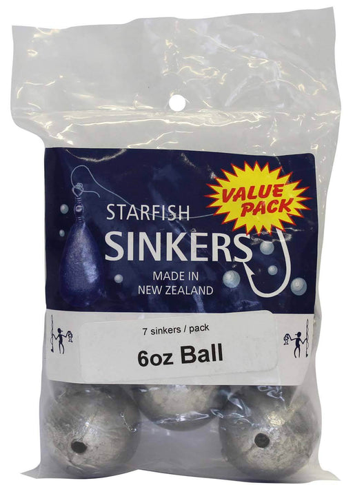 Starfish Ball Sinker Value Pack 6oz (7 per pack) packaged sinkers for fishing in fresh or saltwater.