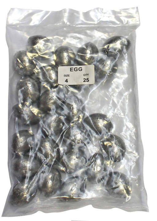 Egg Sinker Bulk Pack 4oz (25 per pack) packaged sinkers for fishing in estuaries and sandy environments.