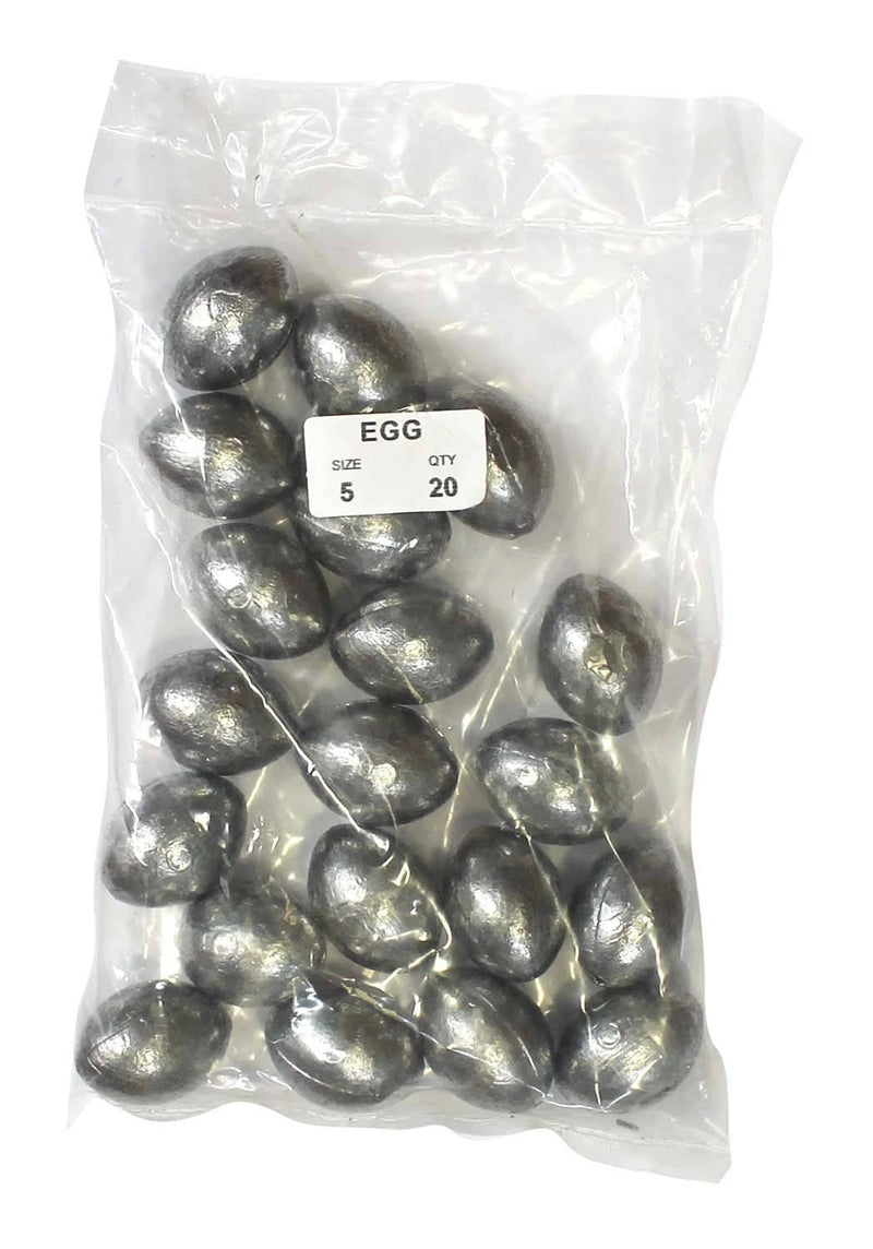 Egg Sinker Bulk Pack 5oz (20 per pack) in clear plastic bag, designed for estuary anglers and light sinker rigs.