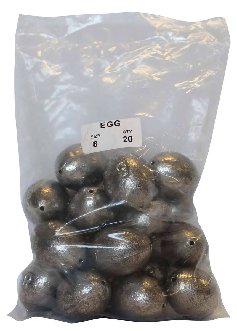 Egg Sinker Bulk Pack 8oz (20 per pack) plastic bag with silver egg sinkers for fishing.