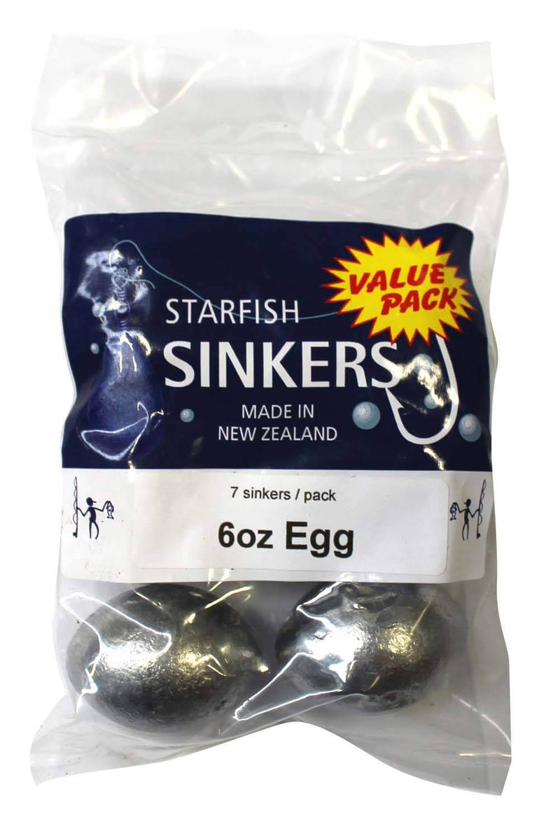 Starfish Egg Sinker Value Pack 6oz (7 per pack) in a clear bag, perfect for estuary fishing.