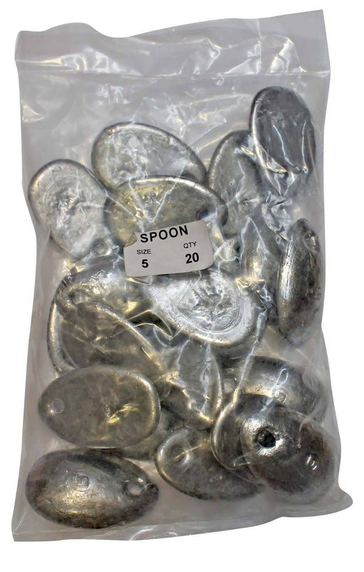 Spoon Sinker Bulk Pack 5oz (20 per pack) with multiple sinkers in a clear bag for improved hydrodynamic performance.