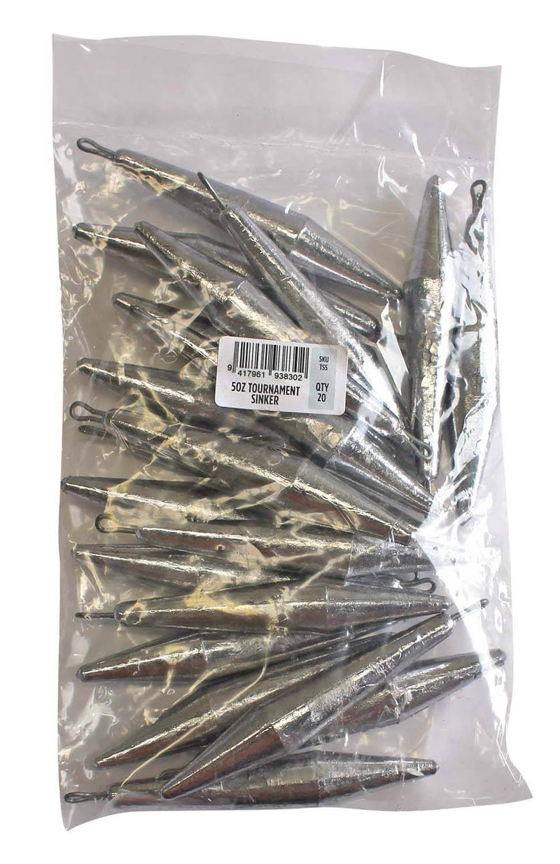 Tournament Sinker Bulk Pack 5oz (20 per pack) with a variety of quality sinkers in a clear plastic bag.