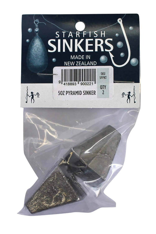 Starfish Pyramid Sinker Packet 5oz (2 per pack) featuring two pyramid sinkers for surf and ocean angling.