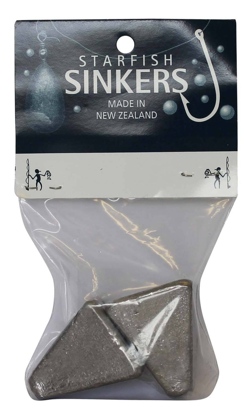 Starfish Pyramid Sinker Packet 6oz (2 per pack) in clear packaging, designed for stable fishing in various conditions.