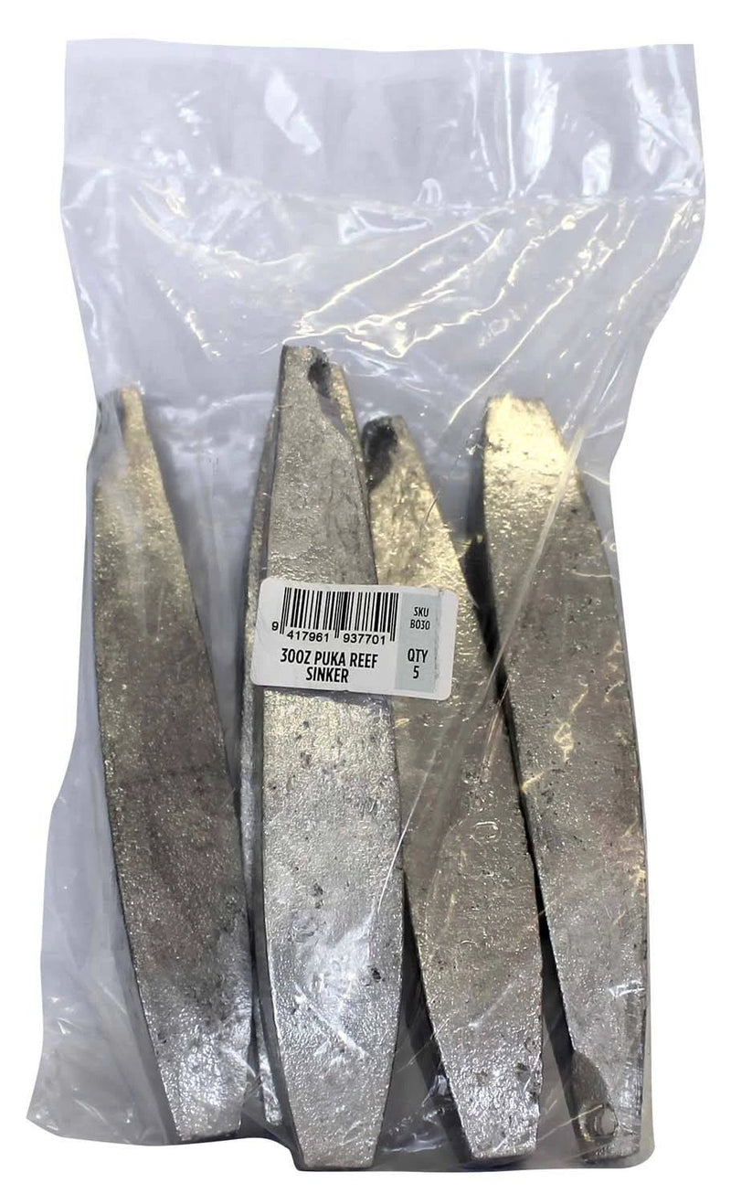 Puka Reef Sinker Bulk Pack 30oz (5 per pack) in sealed packaging featuring sleek sinker shapes.