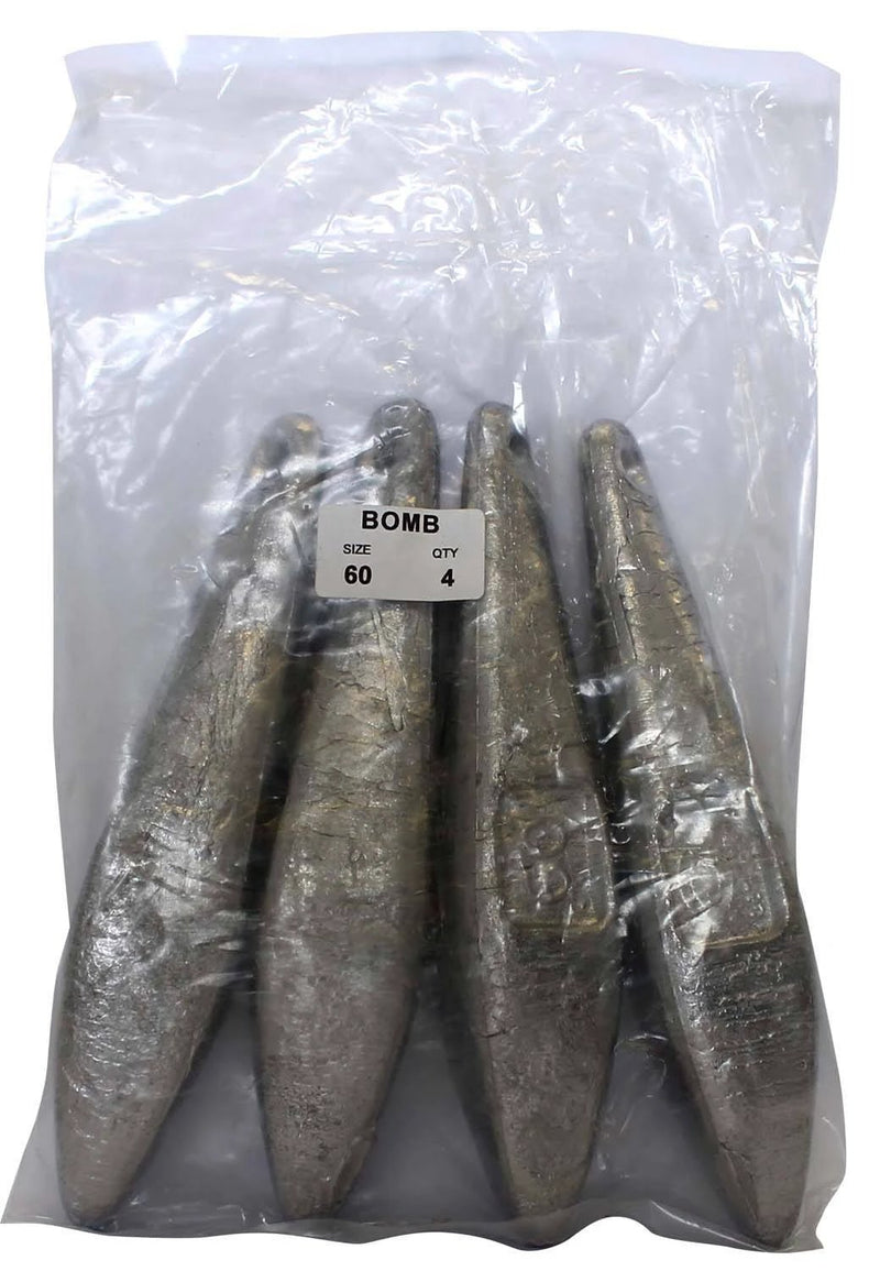 Reef Sinker Bulk Pack 60oz (4 per pack) in a clear bag, ideal for deep sea fishing and ensuring bait accuracy.