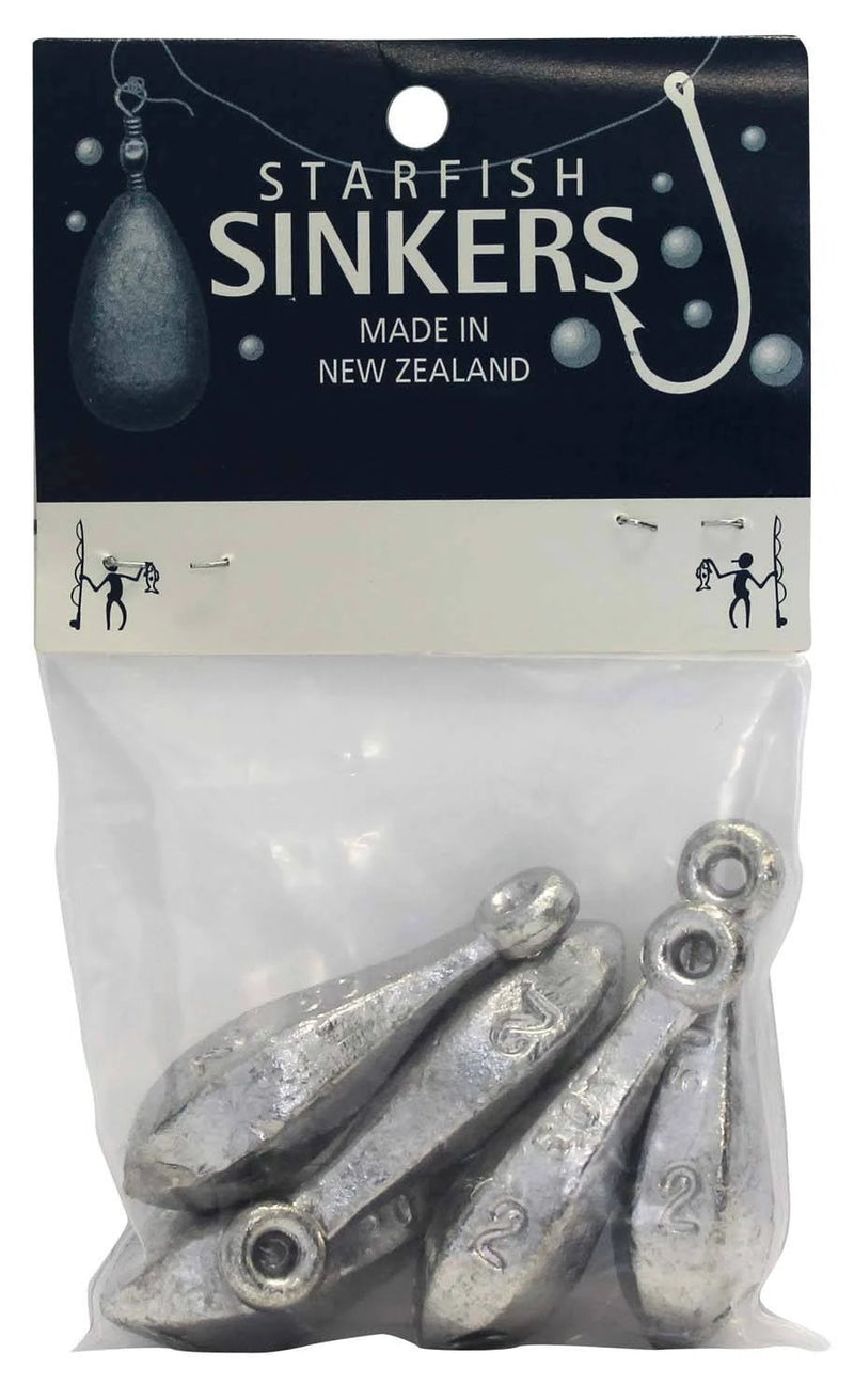 Starfish Reef Sinker Packet 2oz (5 per pack) showcasing five sleek sinkers in a clear pouch, ideal for fishing.