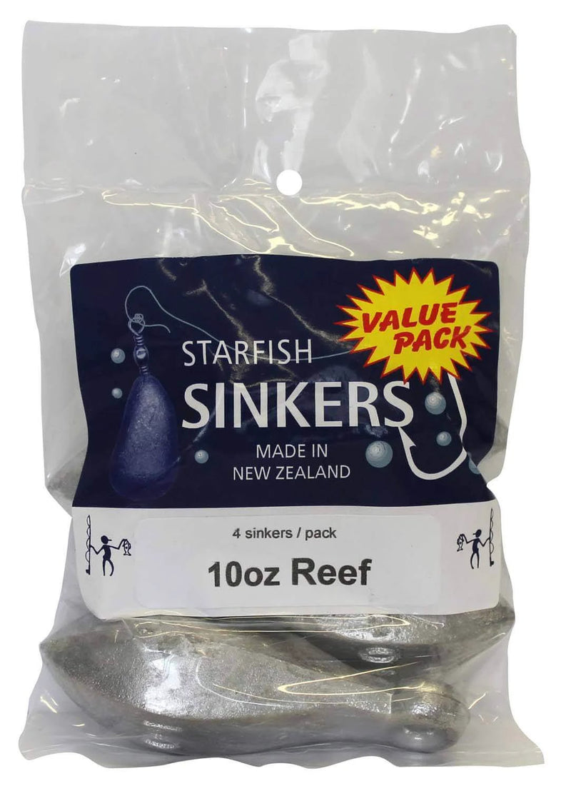Starfish Reef Sinker Value Pack 10oz (4 per pack) with a sleek design for better bait landing and versatile rigging options.
