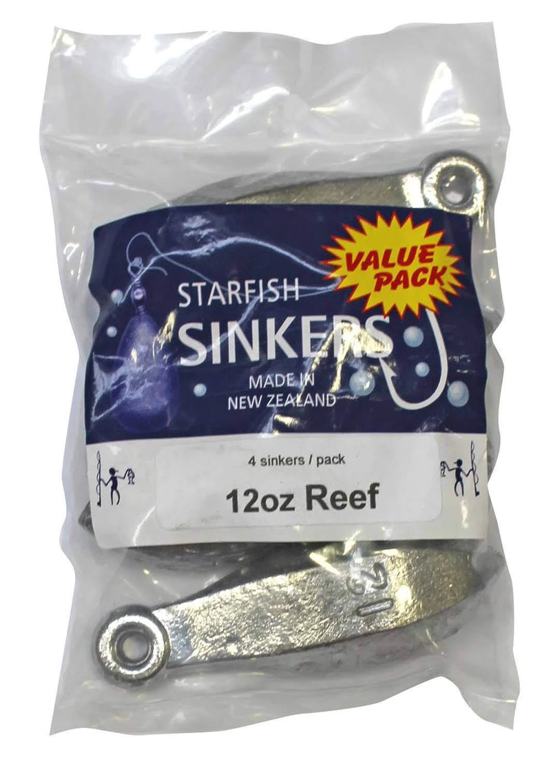 Starfish Reef Sinker Value Pack 12oz (4 per pack) in a clear bag showcasing sleek sinkers made in New Zealand.