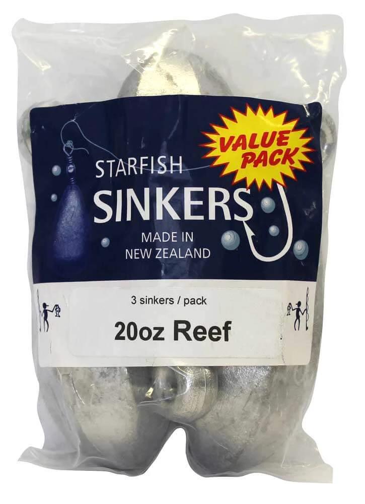 Starfish Reef Sinker Value Pack 20oz (3 per pack) in sealed packaging for fishing enthusiasts.