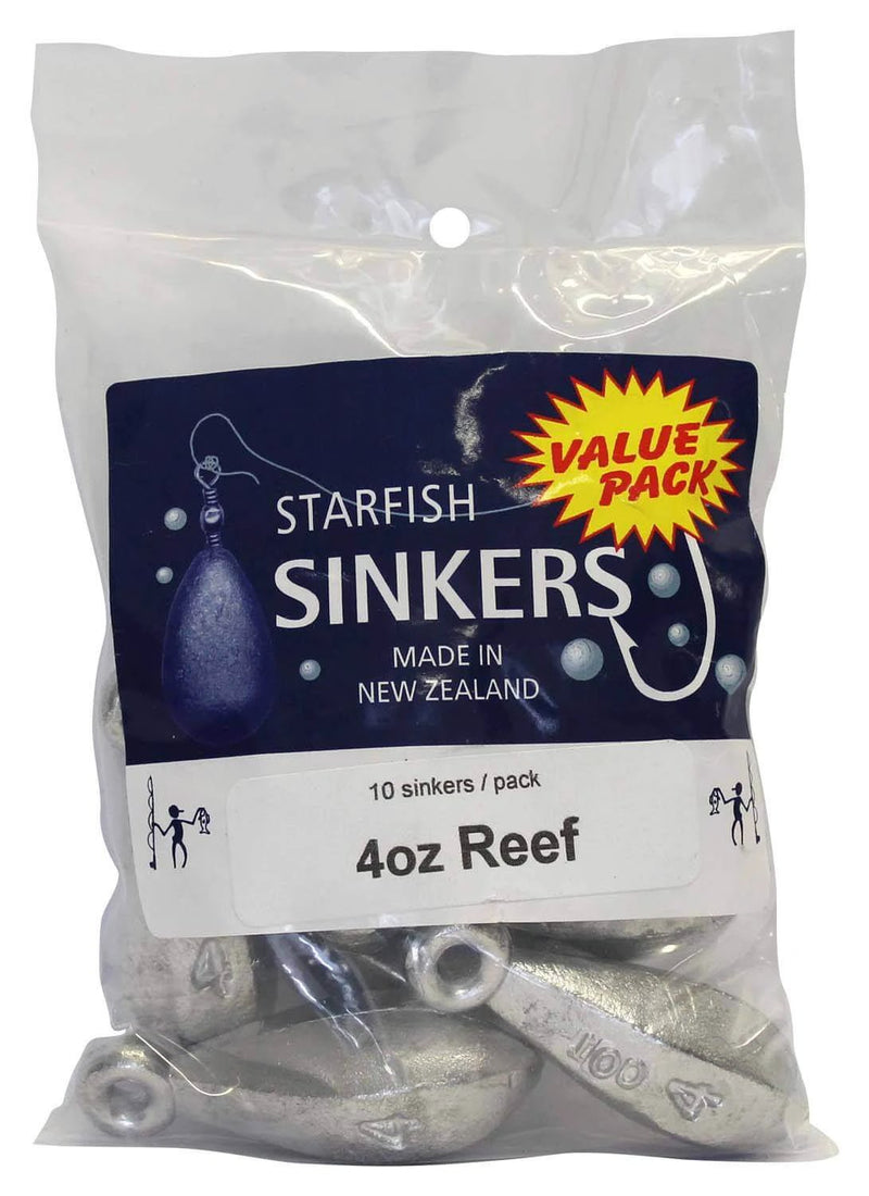 Starfish Reef Sinker Value Pack 4oz (10 per pack) in a clear packaging with sinkers displayed.