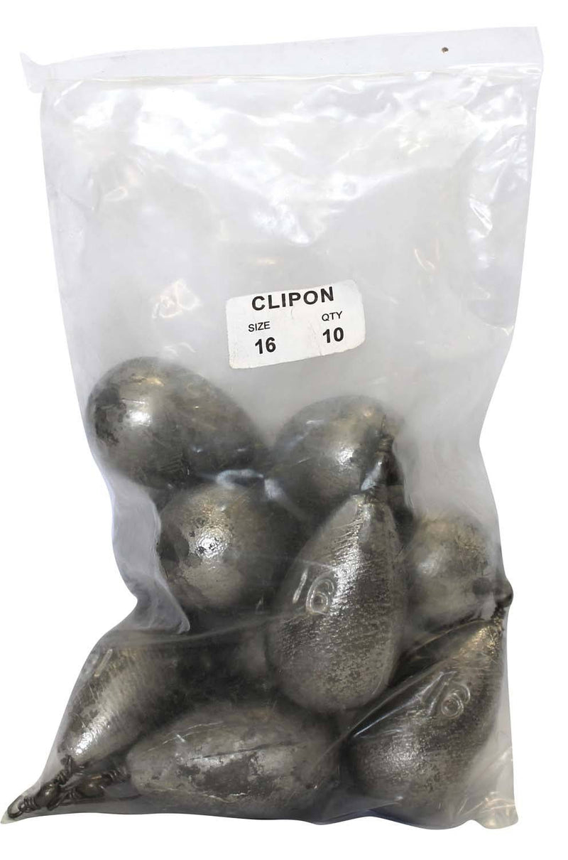 Clipon Sinker Bulk Pack 16oz (10 per pack) in a clear package showing ten swivel sinkers.