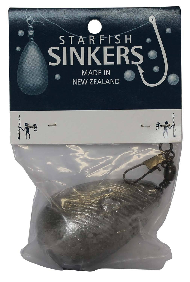 Starfish Clipon Sinker Packet 14oz (1 per pack) in clear packaging, suitable for fishing in various conditions.