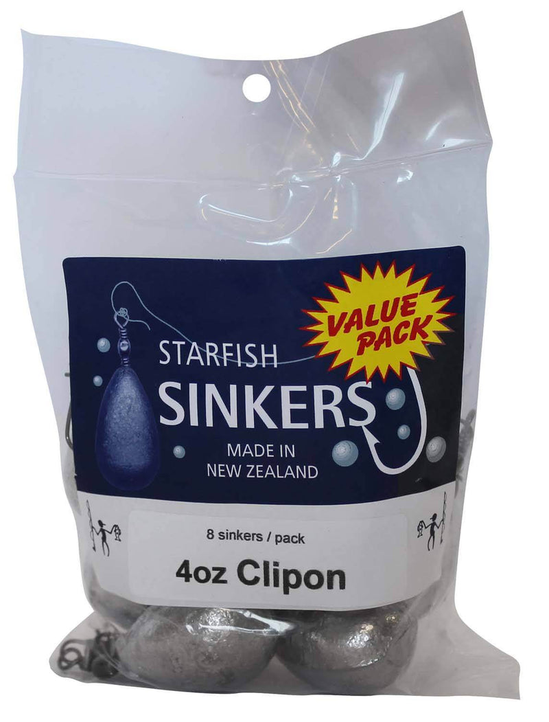 Starfish Clipon Sinker Value Pack 4oz (8 per pack) in a clear package with silver sinkers.