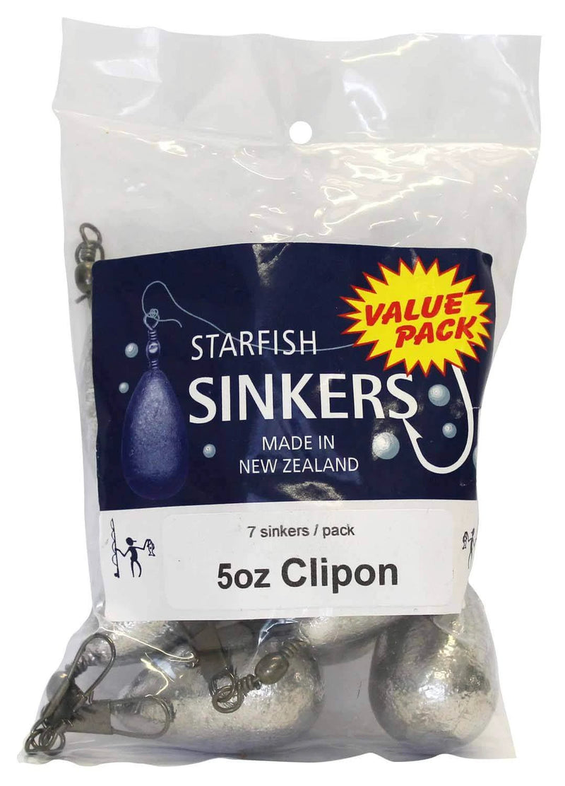 Starfish Clipon Sinker Value Pack 5oz (7 per pack) packaging with 7 swivel sinkers for fishing.