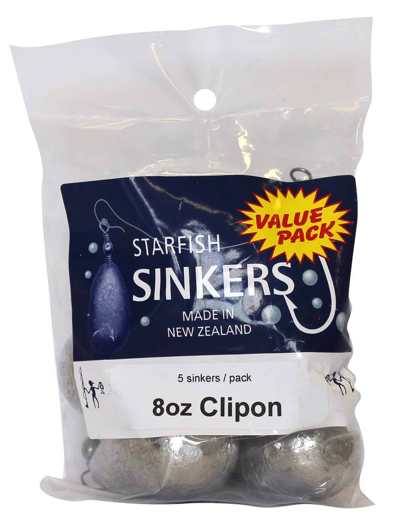 Starfish Clipon Sinker Value Pack 8oz (5 per pack) packaging displaying five sinkers and made in New Zealand.