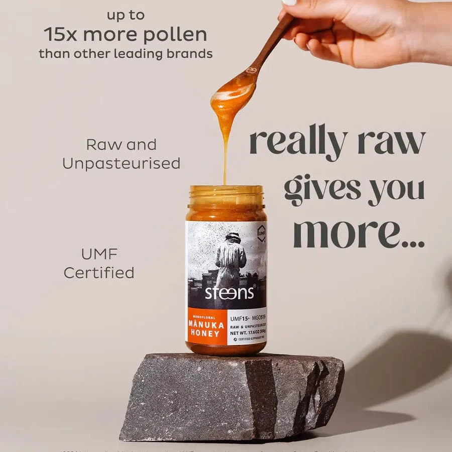 UMF15 raw Monofloral Manuka Honey 225g jar with honey drizzling from a spoon, highlighting freshness and quality.