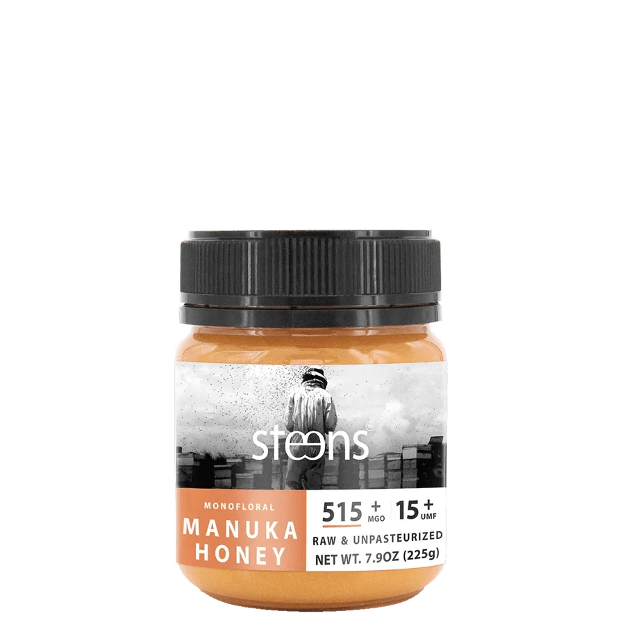 UMF15 raw Monofloral Manuka Honey 225g jar, raw and unpasteurized, with MGO 515+ grading.