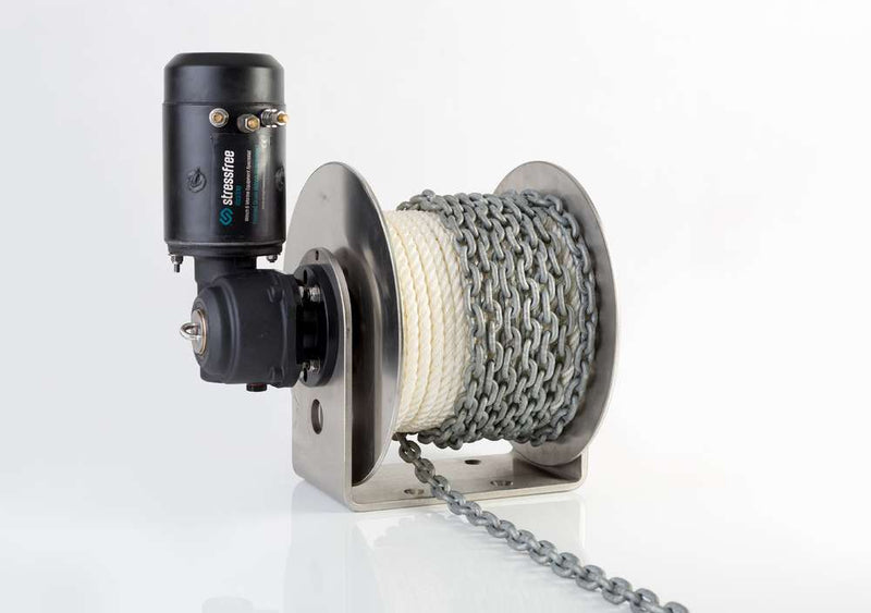 StressFree Midi Anchor Winch with rope and chain, compact design for easy boat anchor retrieval.