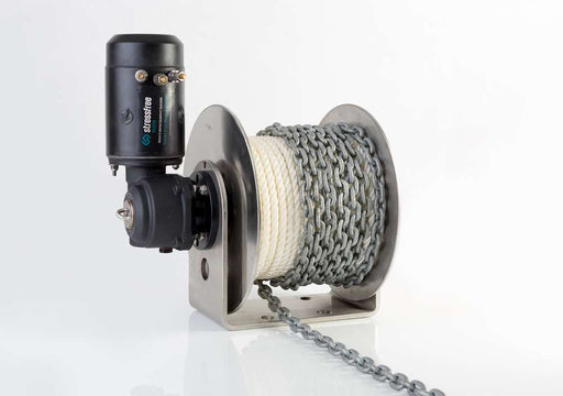 StressFree Midi Anchor Winch with rope and chain, compact design for easy boat anchor retrieval.