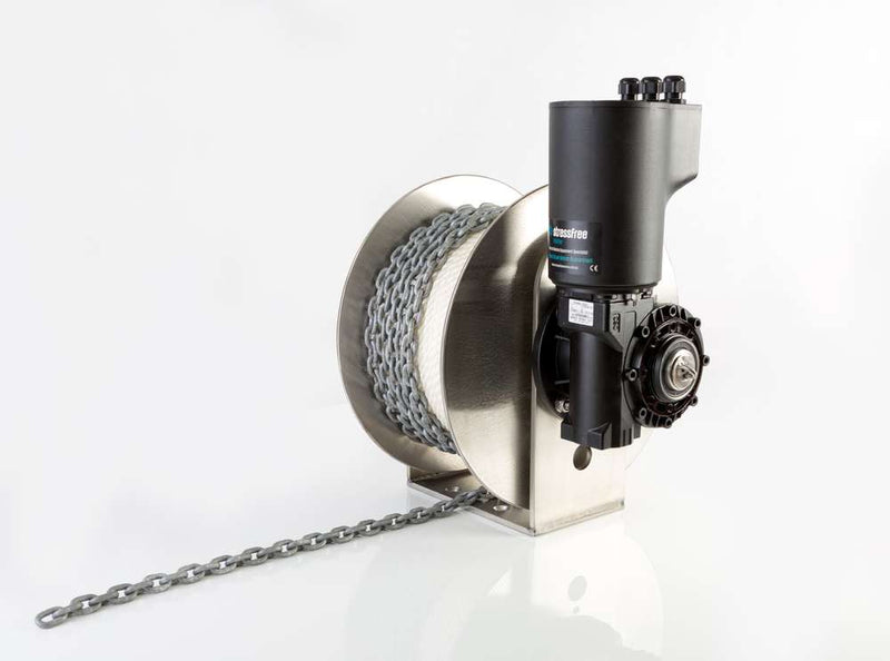 StressFree Mighty Anchor Winch showcasing marine-grade stainless steel design and chain.