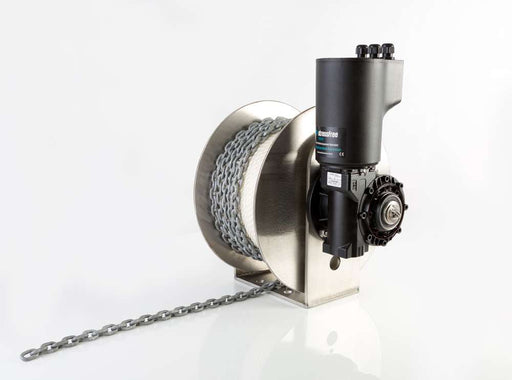 StressFree Mighty Anchor Winch showcasing marine-grade stainless steel design and chain.