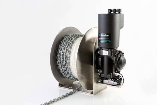 StressFree Mighty Winch - Free Fall showcasing a compact design with stainless steel winch and chain.