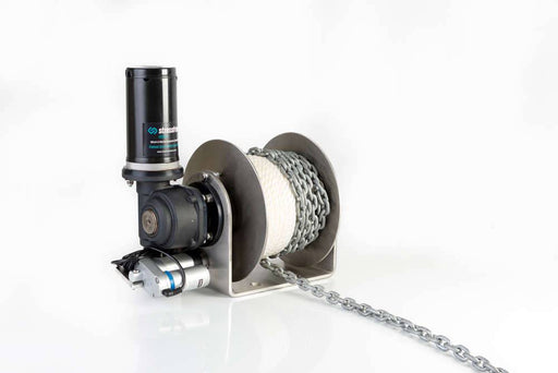 StressFree Mini Drum Winch Free Fall with motor and chain, ideal for boats up to 6m.