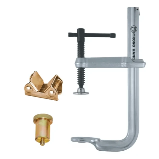 Strong Hand 4-In-1 Utility F Style Clamp with accessories including V-Pad and sliding arm clamp.