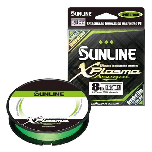 Sunline Xplasma Asegai X8 Fluoro Green Line 8lb 165yd spool showing waterproof braided line.