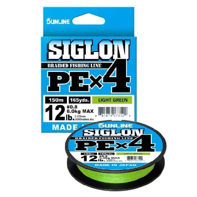 Sunline Siglon PEX4 Braid Fishing Line in light green color with packaging showcasing specifications and brand.