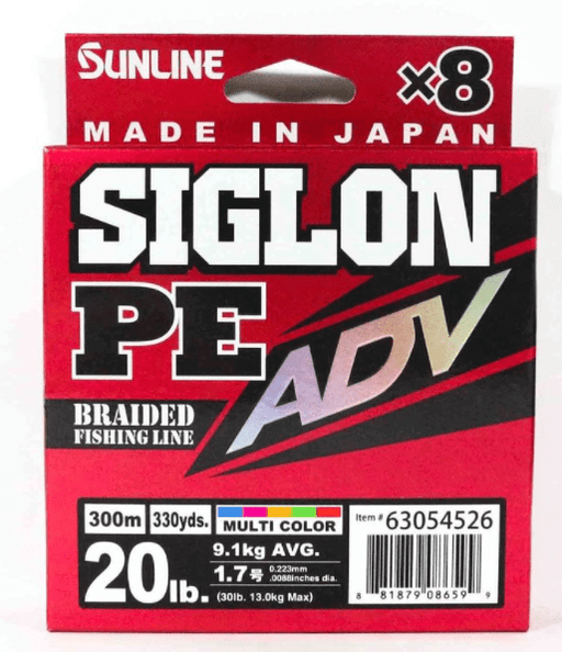 Sunline Siglon PE ADV Mult 1.2 300m 20Ib packaging showcasing braided fishing line, high abrasion resistance.