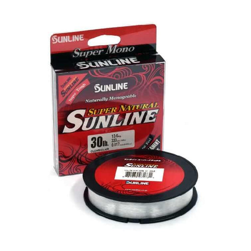 Sunline Super Natural 330yds Clear 30lb monofilament fishing line in packaging and spool display.